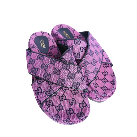 Gucci GG Print Platform Sandals Slides 10.5 Purple Black Luxury Designer Y2K 90s - Picture 4 of 11